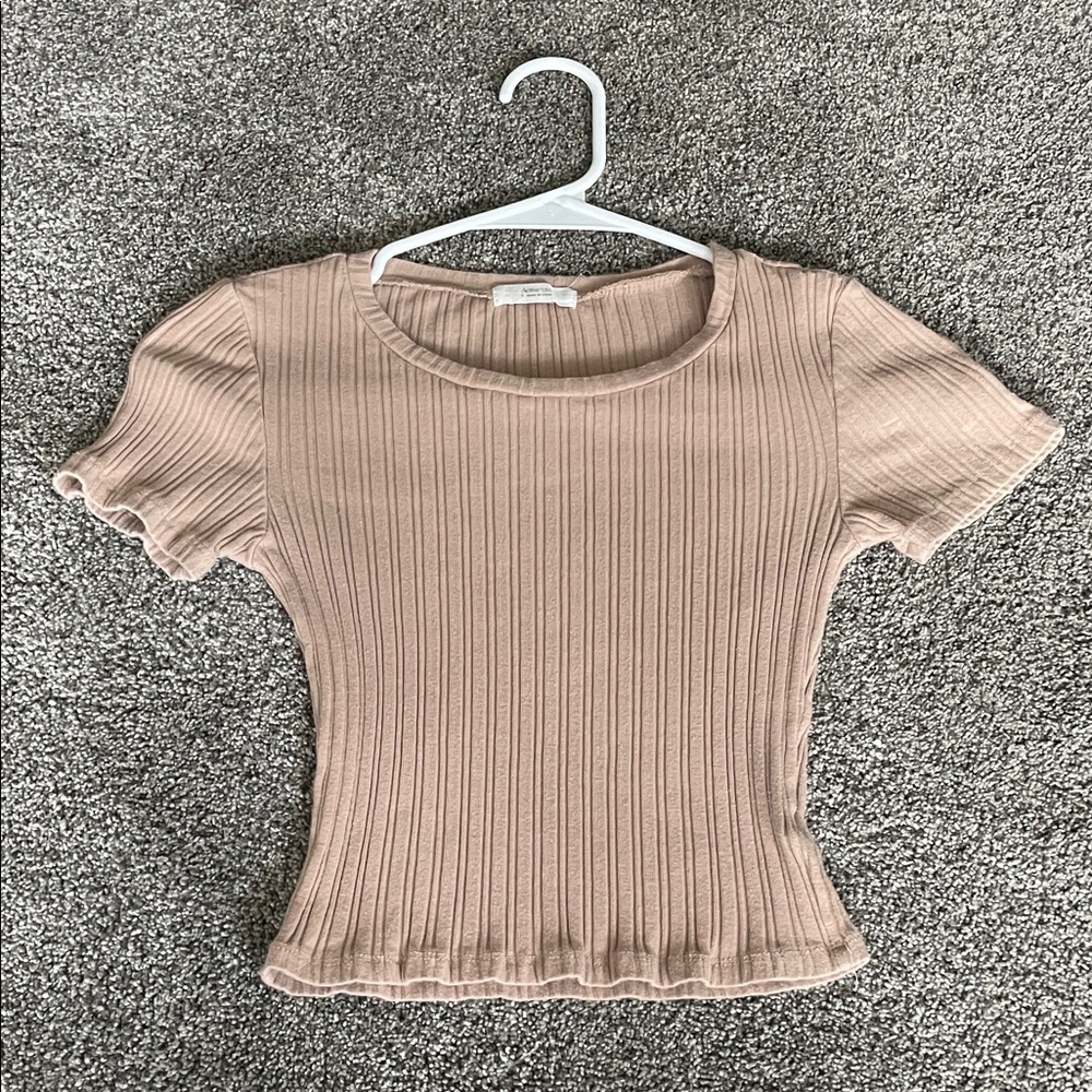 Active USA Ribbed Beige Short Sleeve Top